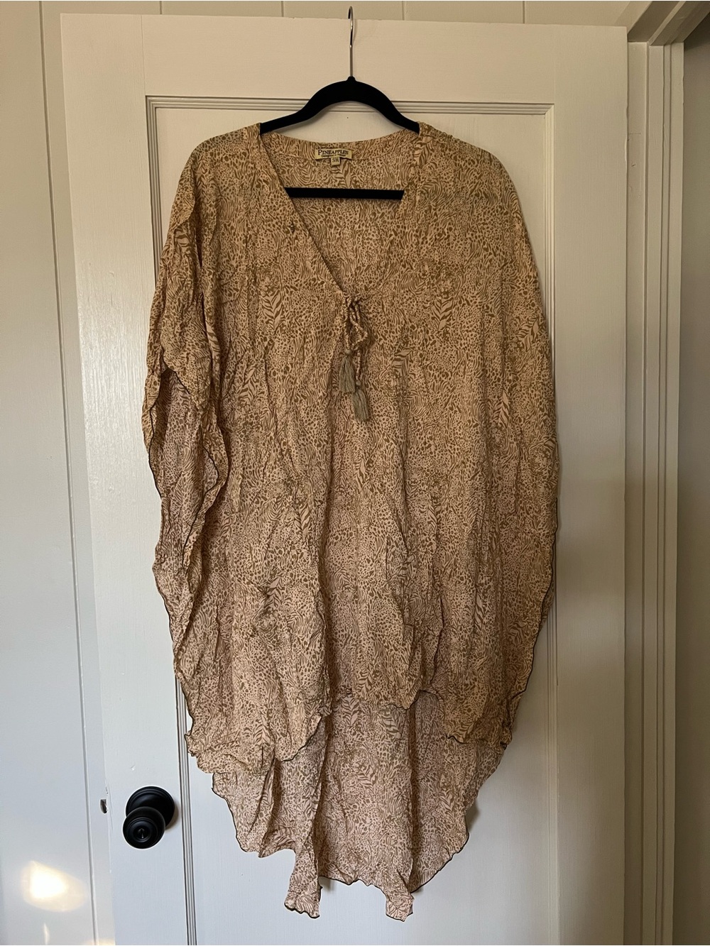 Light Brown Printed V-Neck Women's Swim Coverup with Tassel Tie
